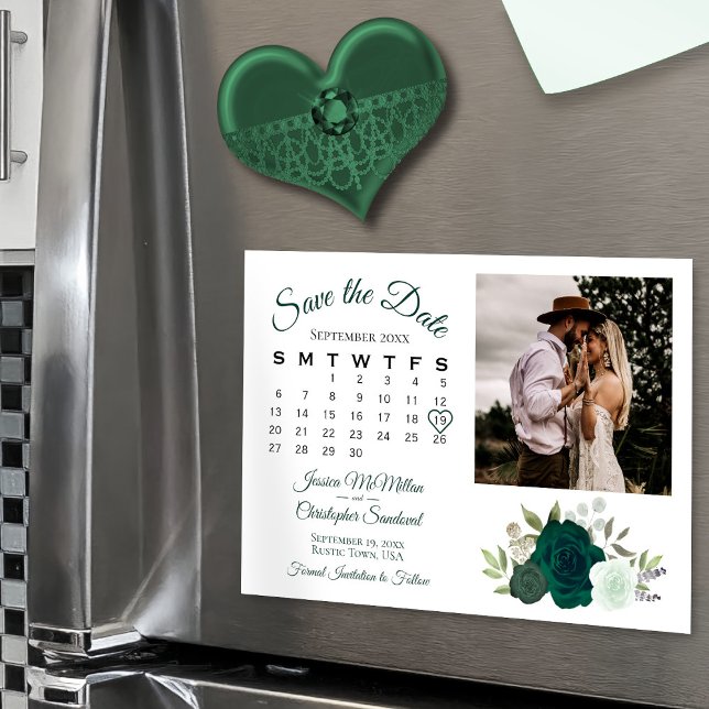 Invitation Magnétique Emerald Green Roses Calendrier & Photo Enregistrer (Magnetic Back for Easy Display!)