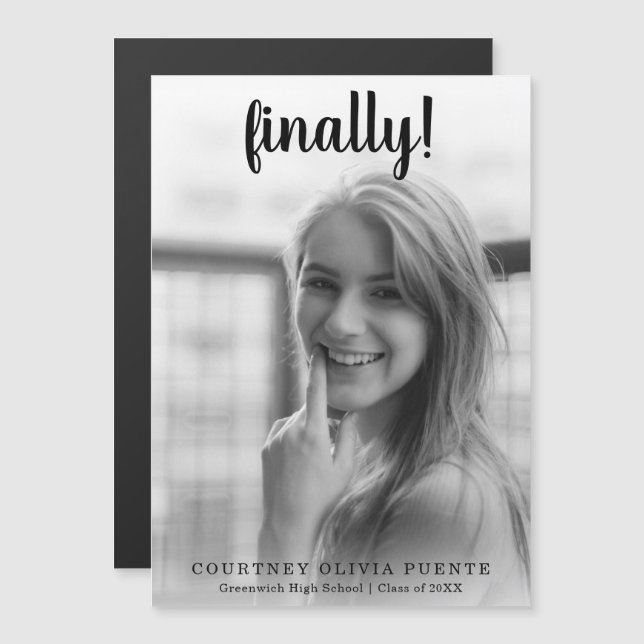 Invitation Magnétique Enfin Moderne Script Photo Graduation (Devant / Derrière)