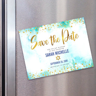 Invitation Magnétique Enregistrer la date Bat Mitzvah Or Turquoise Aquar