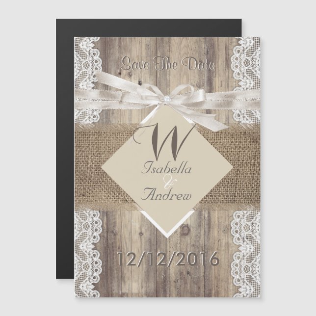 Invitation Magnétique Enregistrer La Date Mariage Beige Blanc Dentelle B (Devant / Derrière)