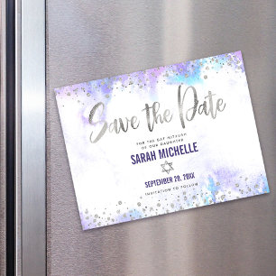 Invitation Magnétique Enregistrez la date Bat Mitzvah Argent Violet Aqua
