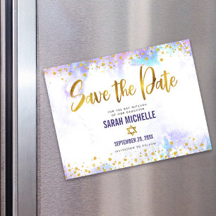 Invitation Magnétique Enregistrez la date Bat Mitzvah Or Violet Aquarell