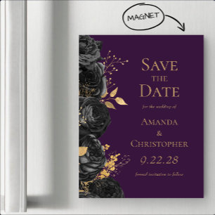 Invitation Magnétique Épingle de mariage Fleurs violettes Or noir Épargn