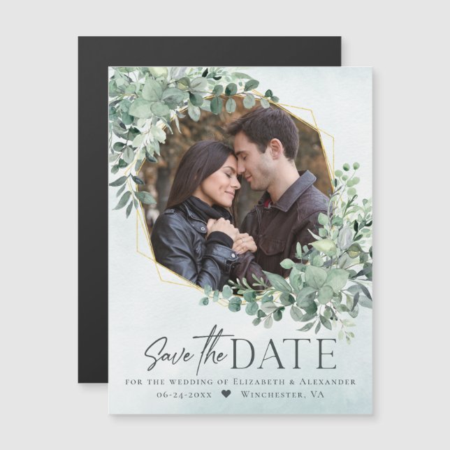 Invitation Magnétique Eucalyptus Dusty Blue Mariage Photo Enregistrer la (Devant / Derrière)