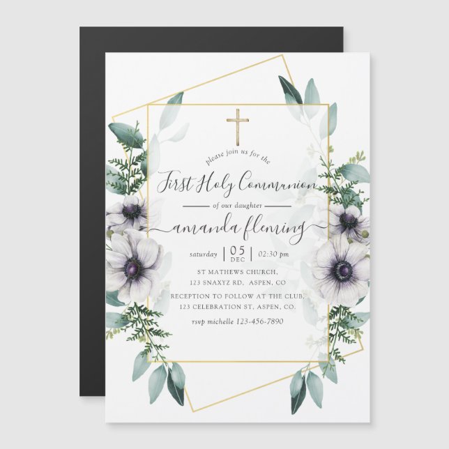 Invitation Magnétique Eucalyptus Floral Géométrique Première Communion S (Devant / Derrière)