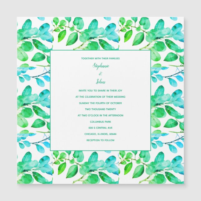 Invitation Magnétique Eucalyptus Leaf Art Green Turquoise Dusty Blue Mar (Devant)