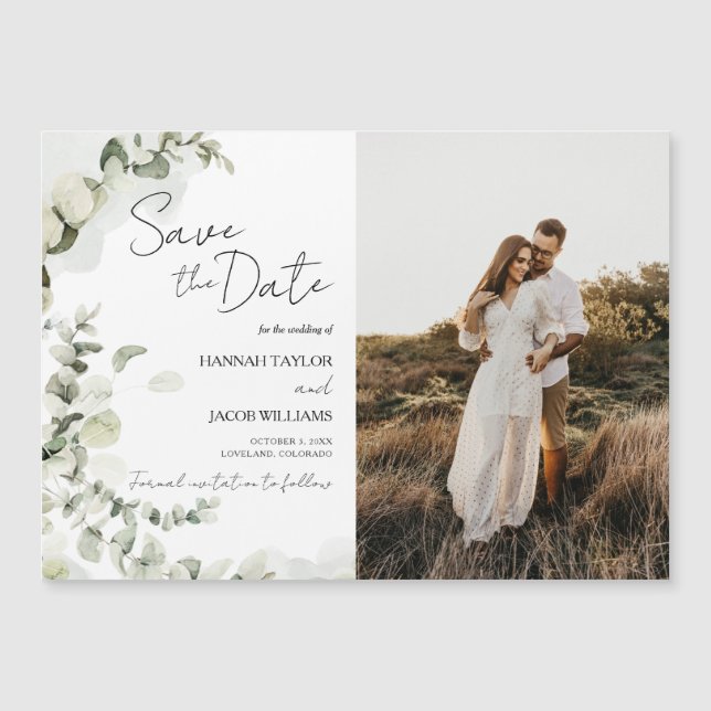 Invitation Magnétique Eucalyptus Sage photo mariage Enregistrer la date (Devant)