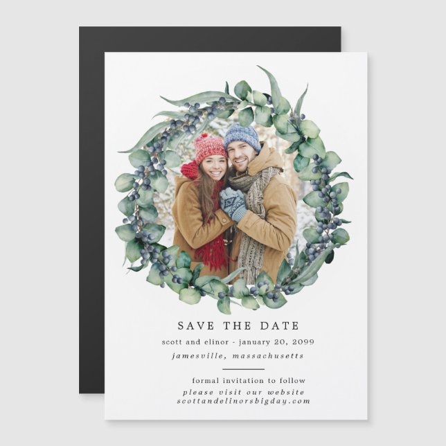 Invitation Magnétique Eucalyptus Wreath Wedding Enregistrer la date (Devant / Derrière)