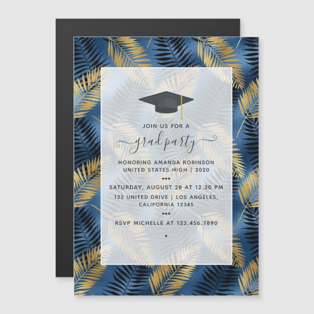 Invitation Magnétique Exotic Tropical Blue and Gold Graduation Party (Devant / Derrière)