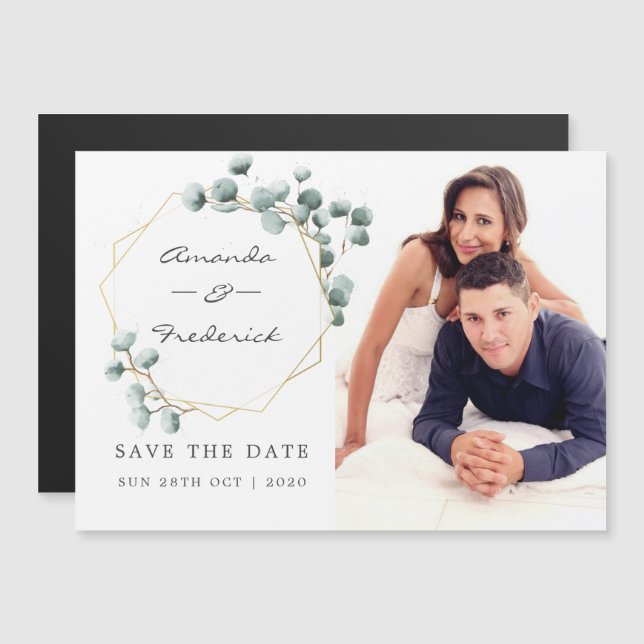 Invitation Magnétique Faire part de mariage géométrique à l'eucalyptus (Devant / Derrière)
