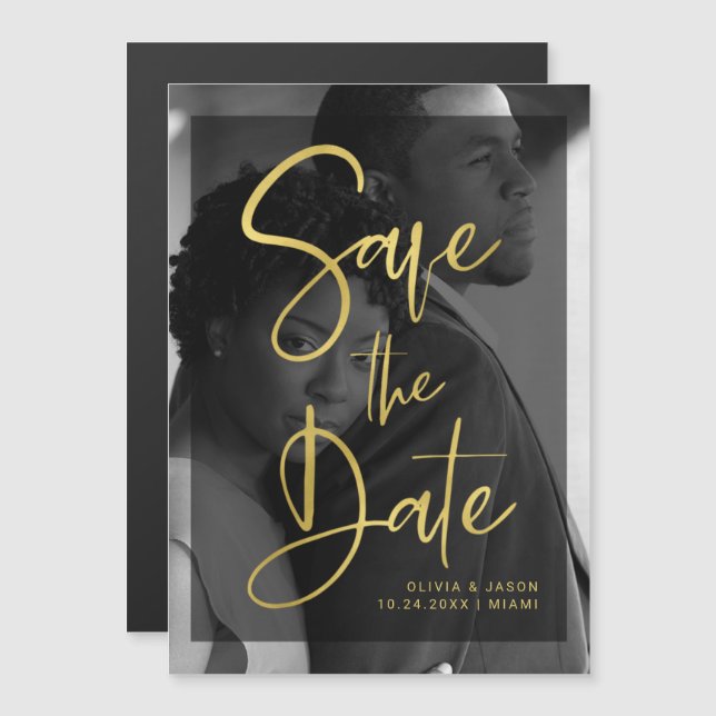 Invitation Magnétique Faux Gold et Black Overlay| Photo Enregistrer la d (Devant / Derrière)