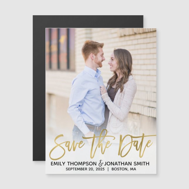 Invitation Magnétique Faux Gold Foil Photo Wedding Enregistrer La Date M (Devant / Derrière)