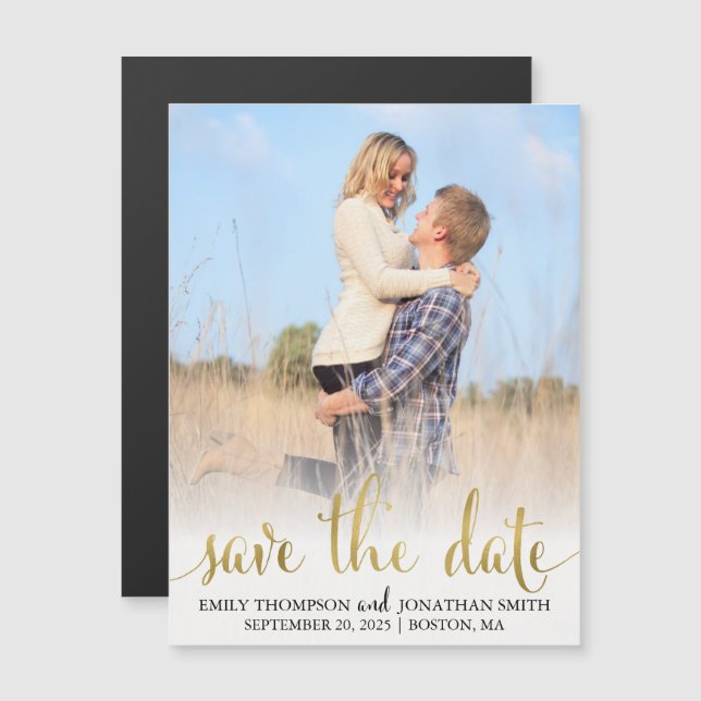 Invitation Magnétique Faux Gold Foil Photo Wedding Enregistrer La Date M (Devant / Derrière)