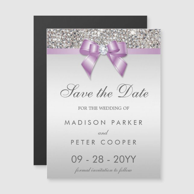 Invitation Magnétique Faux Séquins Argent Lilac Bow Enregistrer La Date (Devant / Derrière)