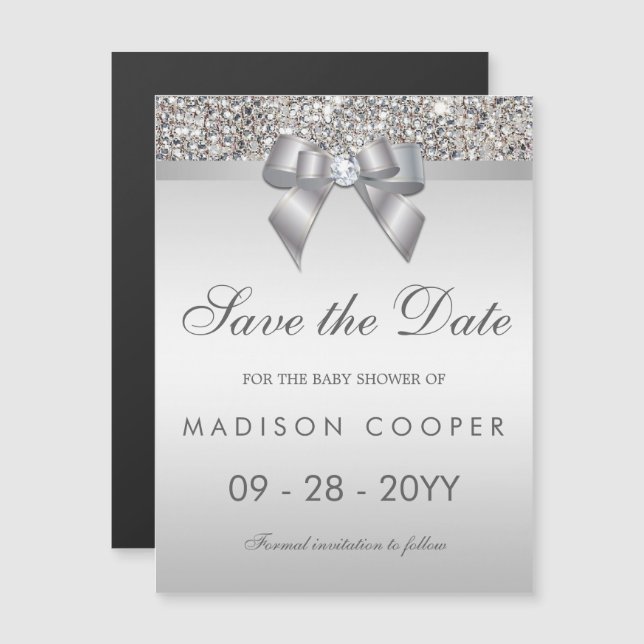 Invitation Magnétique Faux Silver Sequins Bow Enregistrer Le Baby shower (Devant / Derrière)