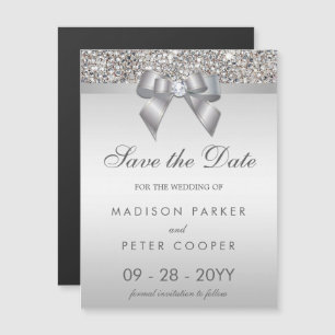 Invitation Magnétique Faux Silver Sequins Bow Enregistrer Le Mariage Dat