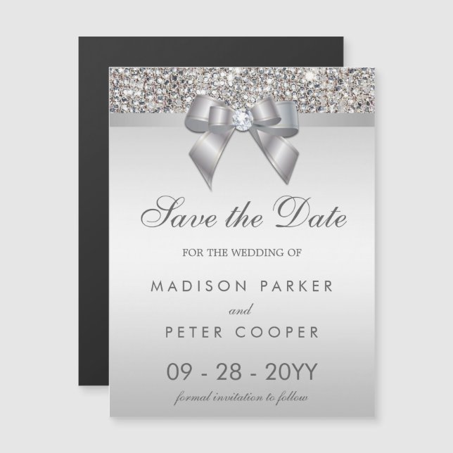 Invitation Magnétique Faux Silver Sequins Bow Enregistrer Le Mariage Dat (Devant / Derrière)