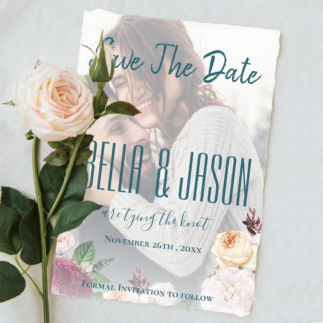 Invitation Magnétique Faux Vellum Floral Photo Wedding Enregistrer la da (Faux Vellum Floral Photo Wedding Save the Date Magnetic Invitation)