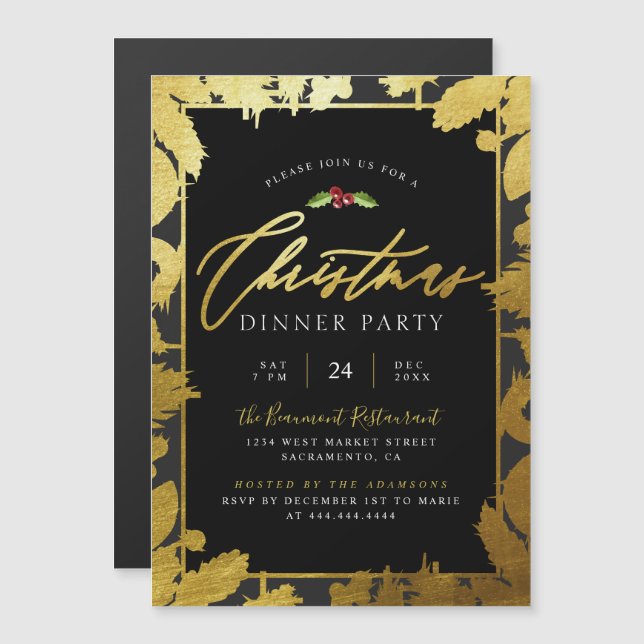 Invitation Magnétique Festive Gold Foil & Black Christmas Dinner Party (Devant / Derrière)
