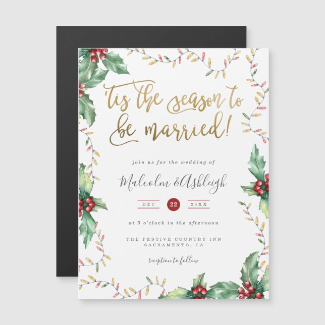 Invitation Magnétique Festive Gold 'Tis The Season Christmas Mariage (Devant / Derrière)