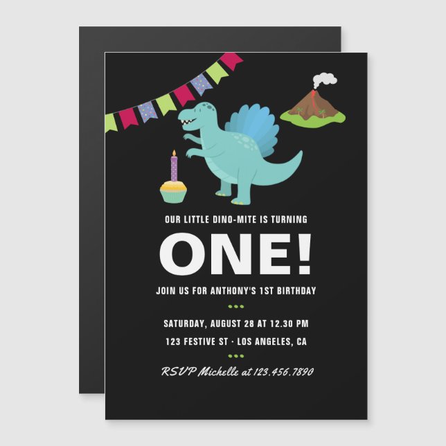 Invitation Magnétique Fête à thème Dinosaure 1er Anniversaire noir et bl (Devant / Derrière)