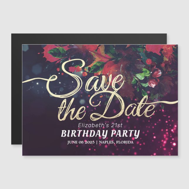 Invitation Magnétique Fête Anniversaire Enregistrer La Date Fleurs Viole (Devant / Derrière)