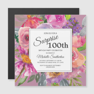 Invitation Magnétique Fête d'anniversaire 100 ans Carré Fleur sauvage Ro
