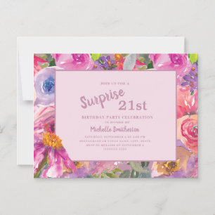 Invitation Magnétique Fête d'anniversaire 21 ans Fleur sauvage rose viol