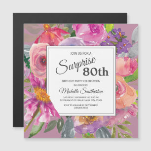 Invitation Magnétique Fête d'anniversaire 80 ans Carré Fleur sauvage Ros