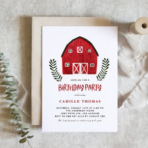 Invitation Magnétique Fête d'anniversaire à la ferme avec aquarelle roug