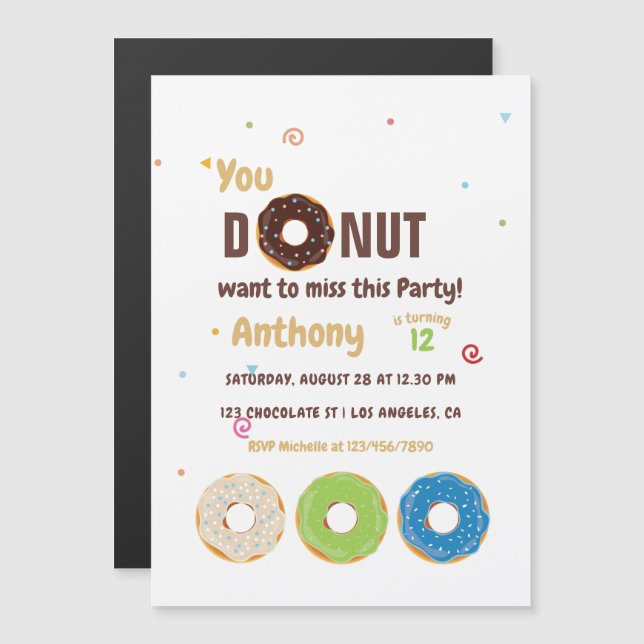 Invitation Magnétique Fête d'anniversaire de Donut (Devant / Derrière)