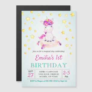 Invitation Magnétique Fête d'anniversaire de fille thème licorne colorée