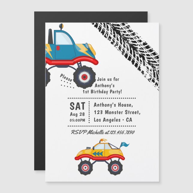 Invitation Magnétique Fête d'anniversaire de Monster Truck (Devant / Derrière)