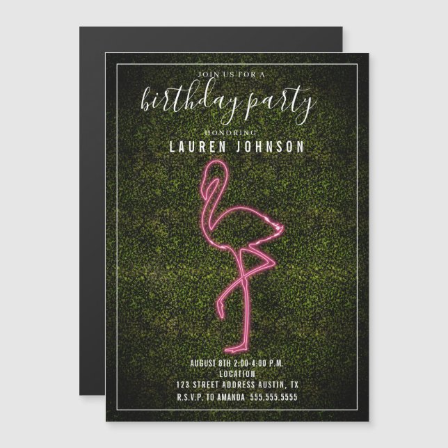 Invitation Magnétique Fête d'anniversaire de Neon Flamant rose Boxwood (Devant / Derrière)