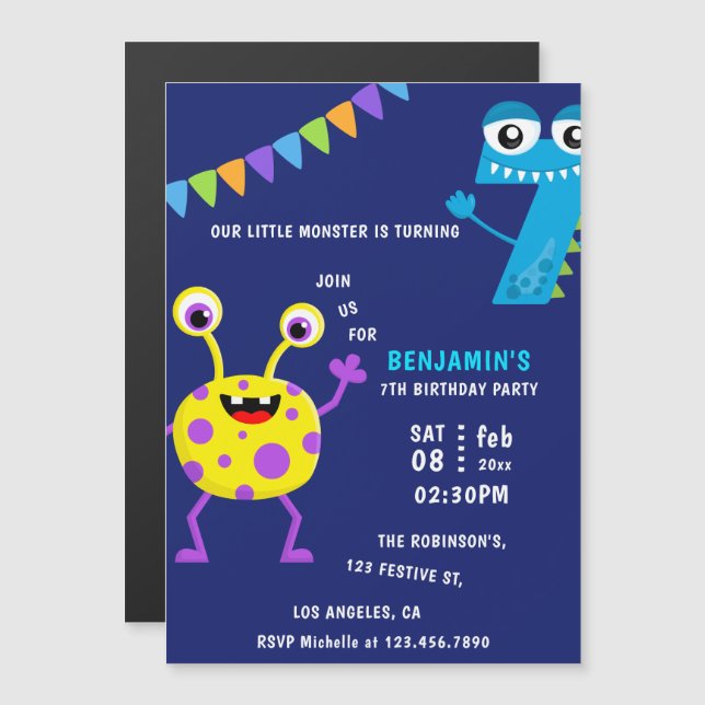 Invitation Magnétique Fête d'anniversaire du petit garçon monstre 7 ans (Devant / Derrière)