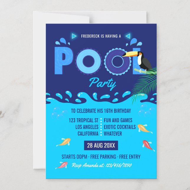 Invitation Magnétique Fête d'anniversaire estivale au bord de la piscine (Recto)