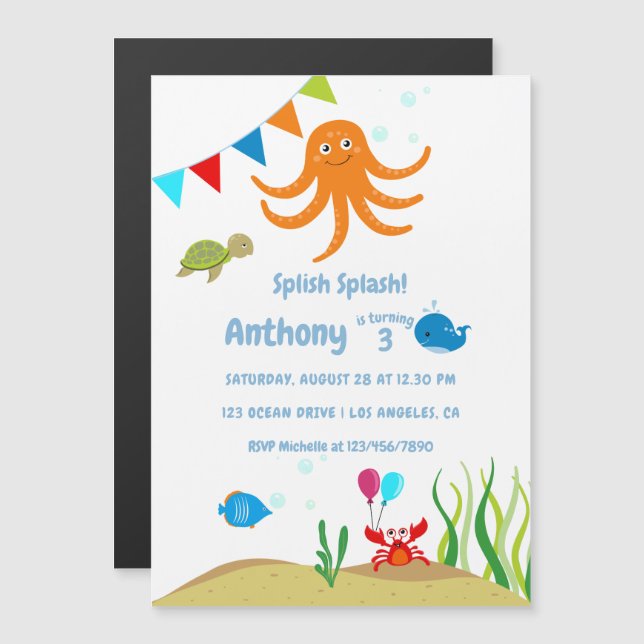 Invitation Magnétique Fête d'anniversaire garçon sous la mer (Devant / Derrière)