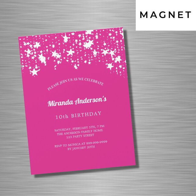 Invitation Magnétique fête d'anniversaire hot rose blanc étoiles fille l (Créateur téléchargé)