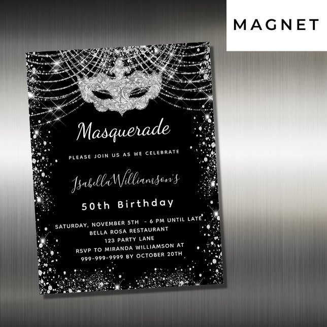 Invitation Magnétique Fête d'anniversaire Masquerade en argent noir (Créateur téléchargé)