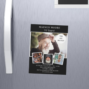 Invitation Magnétique fête d'anniversaire noir blanc photo collage luxe