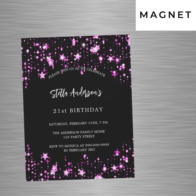 Invitation Magnétique fête d'anniversaire noir rose étoiles luxe (Créateur téléchargé)