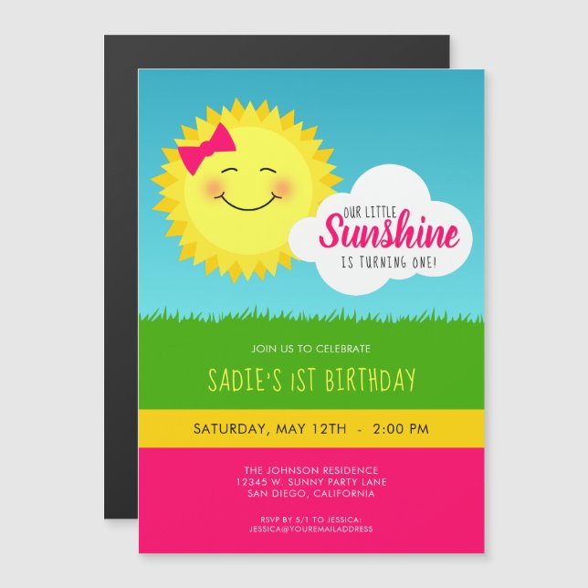 Invitation Magnétique Fête d'anniversaire Pink and Yellow Sunshine (Devant / Derrière)