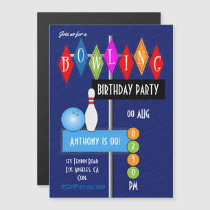 Invitation Magnétique Fête d'anniversaire rétro de bowling bleu royal