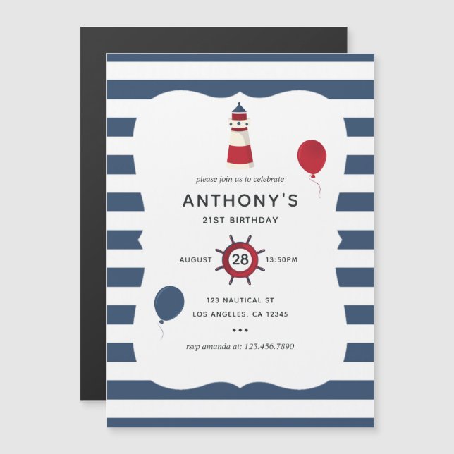 Invitation Magnétique Fête d'anniversaire sur le thème nautique (Devant / Derrière)