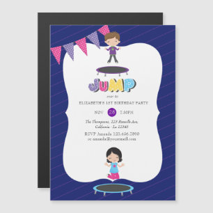 Invitation Magnétique Fête d'anniversaire trampoline bleu royal et viole