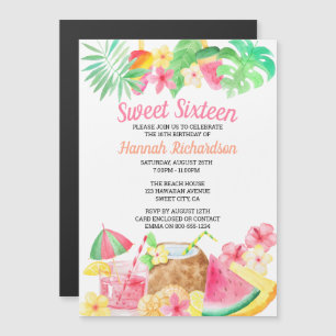 Invitation Magnétique Fête d'anniversaire tropicale Sweet 16 thème hawaï