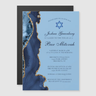 Invitation Magnétique Fête de Bar Mitzvah avec Agate Bleu Or Moderne