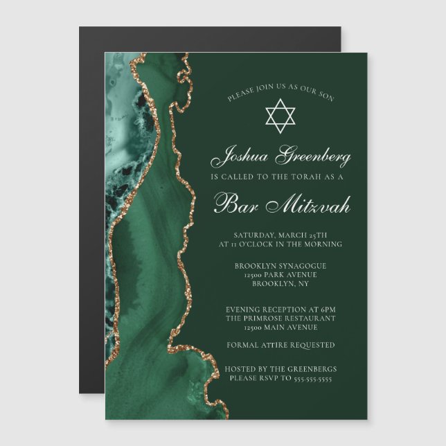 Invitation Magnétique Fête de Bar Mitzvah Barrette d'agate dorée vert fo (Devant / Derrière)