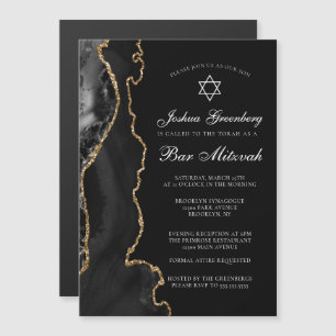 Invitation Magnétique Fête de Bar Mitzvah Chic Black Gold Agate