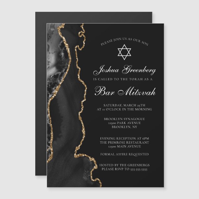 Invitation Magnétique Fête de Bar Mitzvah Chic en Or et Agate Noire (Devant / Derrière)
